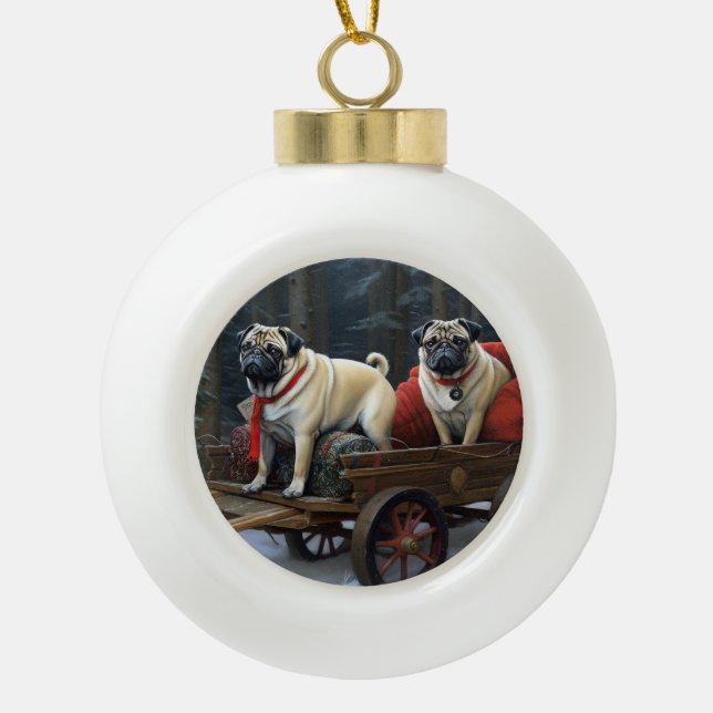 Mops Weihnachts-Feiertage Keramik Kugel-Ornament (Vorderseite)