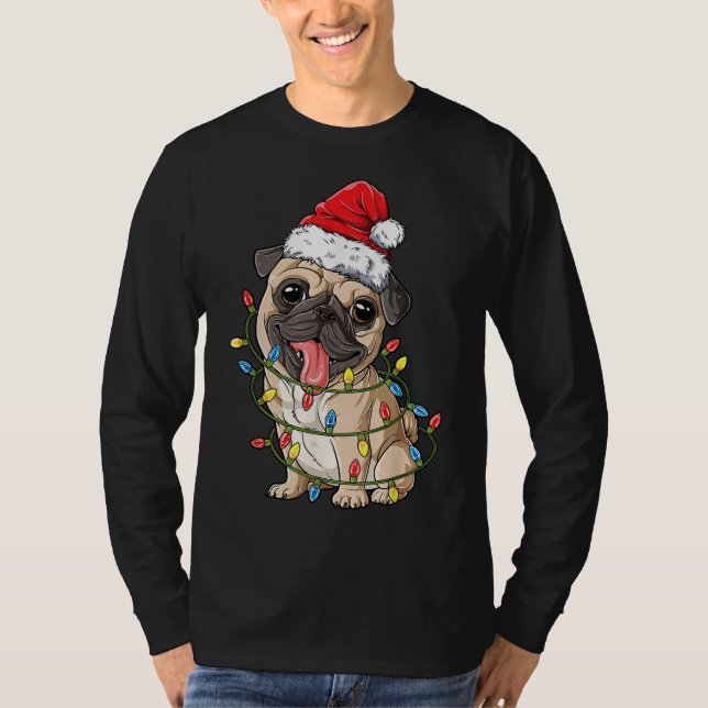 Mops Weihnachtsbaum Lichter Weihnachten Weihnachte T-Shirt (Vorderseite)