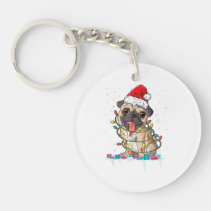 Mops-Weihnachtsbaum-Lichter Weihnachtsmann-Hund-We Schlüsselanhänger