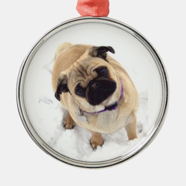 Mops-Weihnachtsbaum-Verzierung Silbernes Ornament (Vorne)