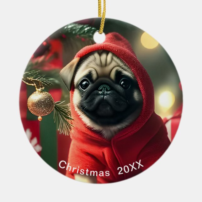 Mops Weihnachtsdatum oder Pet-Foto hinzufügen Keramik Ornament (Vorne)