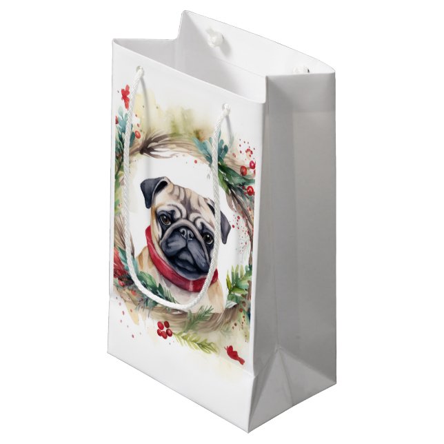 Mops Weihnachtsfest Kleine Geschenktüte (Vorderseite Schrägansicht)