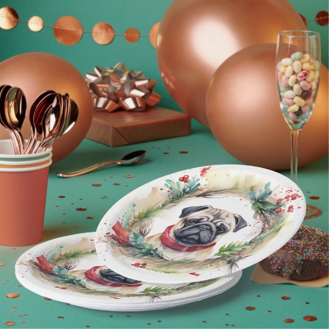 Mops Weihnachtsfest Pappteller (Multi)