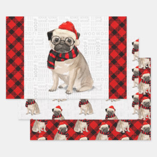 Mops Weihnachtshund auf Rot und Schwarz Kariert Wr Geschenkpapier Set