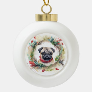 Mops-Weihnachtskranz Festlicher Hund Keramik Kugel-Ornament
