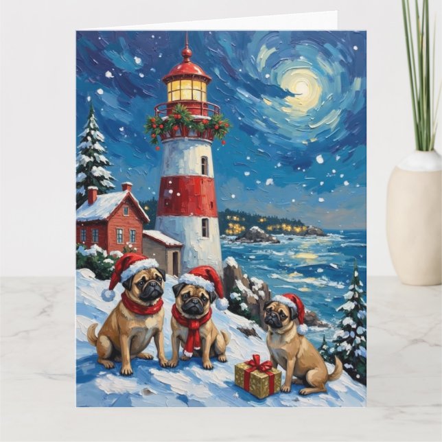 Mops-Weihnachtsleuchtturm-Feiertag Karte (Vorderseite)
