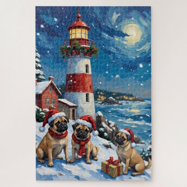 Mops-Weihnachtsleuchtturm-Feiertag Puzzle (Vertikal)