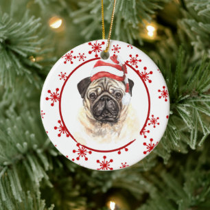 Mops Weihnachtsmann Hut Rot Schneeflocke Weihnacht Keramik Ornament