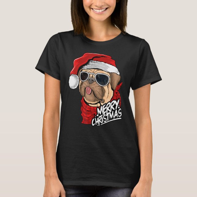 Mops Weihnachtsmannmütze Sonnenbrille Xmas Pajama  T-Shirt (Vorderseite)
