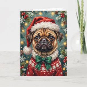 Mops-Weihnachtsporträt-Festtagsgemälde Karte