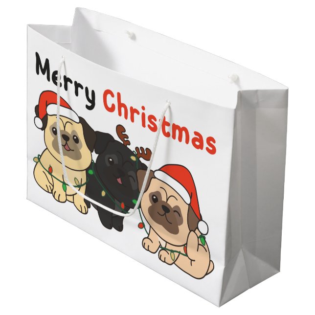 Mops Weihnachtstiere Niedlich Hunde Frohe Weihnach Große Geschenktüte (Vorderseite Schrägansicht)