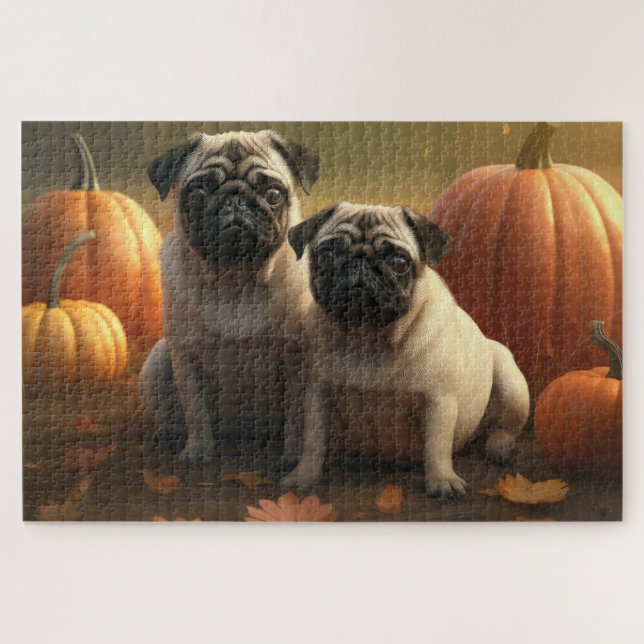 Mops Welpe Herbst Kürbis Puzzle (Horizontal)