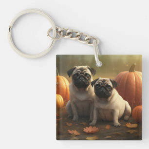 Mops Welpe Herbst Kürbis Schlüsselanhänger