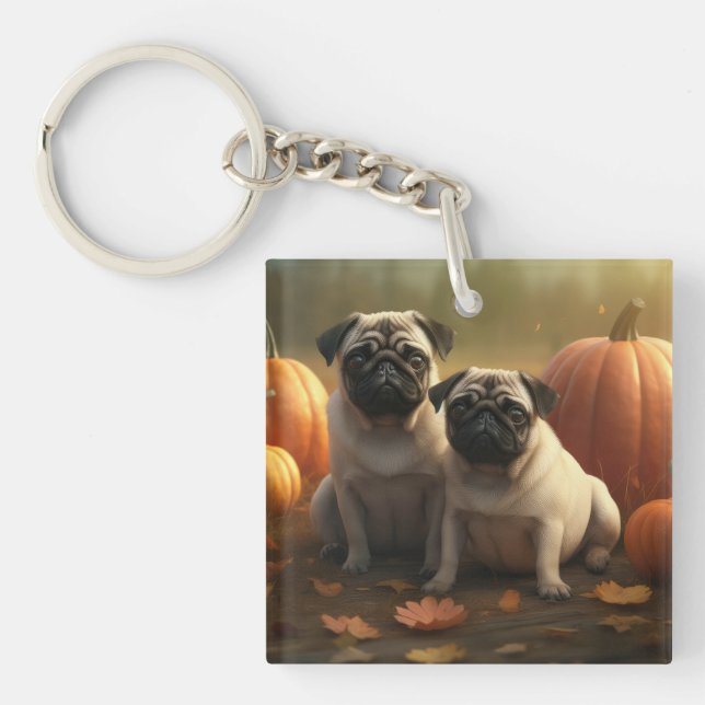 Mops Welpe Herbst Kürbis Schlüsselanhänger (Vorderseite)