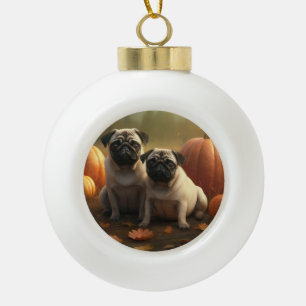 Mops Welpe Herbstfreude Kürbis Keramik Kugel-Ornament