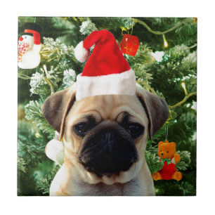 Mops Welpe Hund Weihnachtsbaum Ornamente Schneeman Fliese