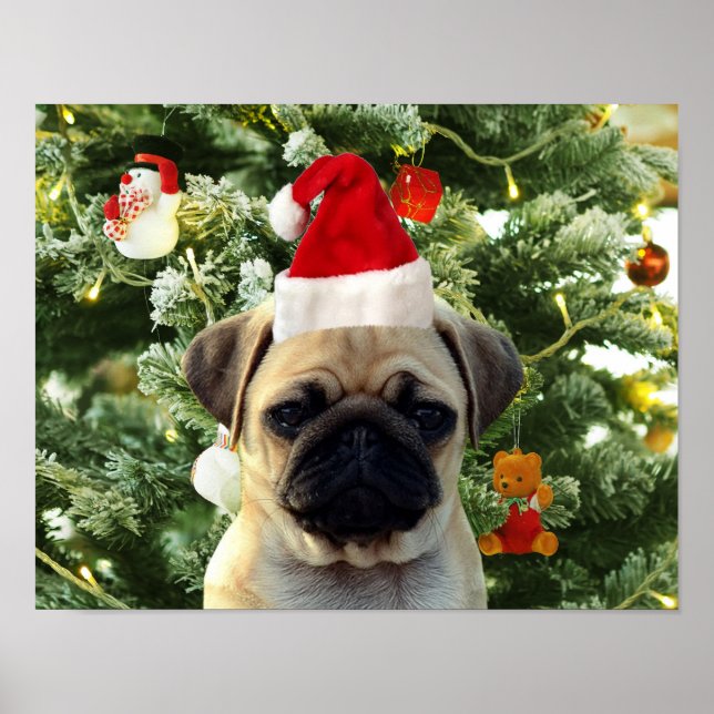 Mops Welpe Hund Weihnachtsbaum Ornamente Schneeman Poster (Vorne)