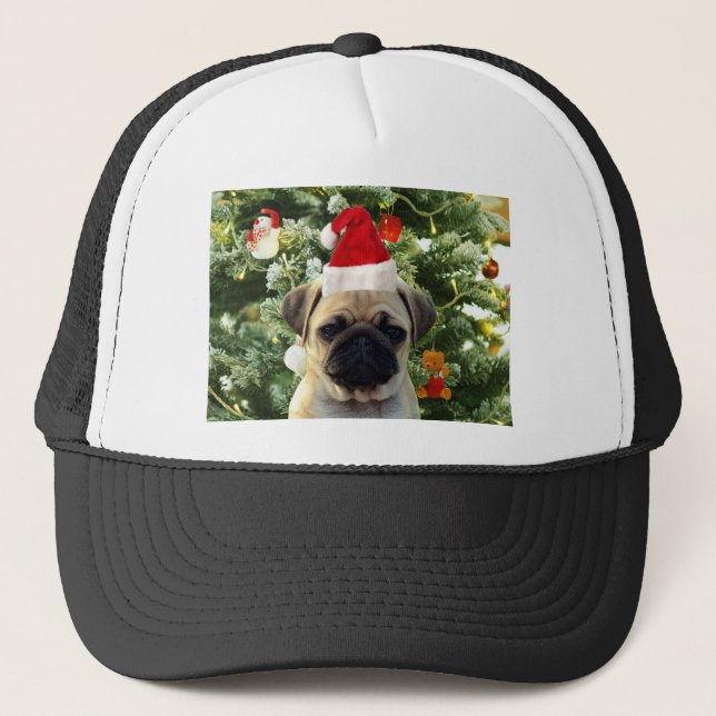 Mops Welpe Hund Weihnachtsbaum Ornamente Schneeman Truckerkappe (Vorderseite)