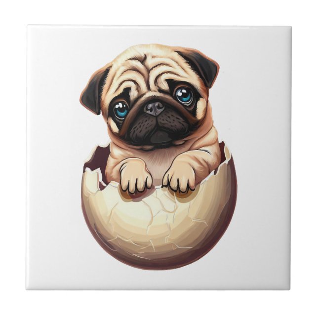 Mops-Welpe im Ei - Süßes Hundedesign Fliese (Vorderseite)
