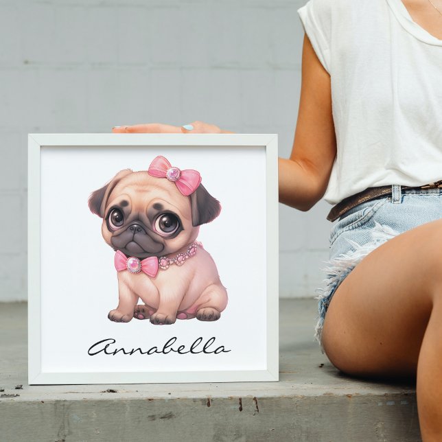 Mops Welpe mit rosa Bow Illustration Individuelle  Poster (Pug Puppy With Pink Bow Illustration Custom Name Poster-Adorable Dog Lover Nursery Wall Art Decor)