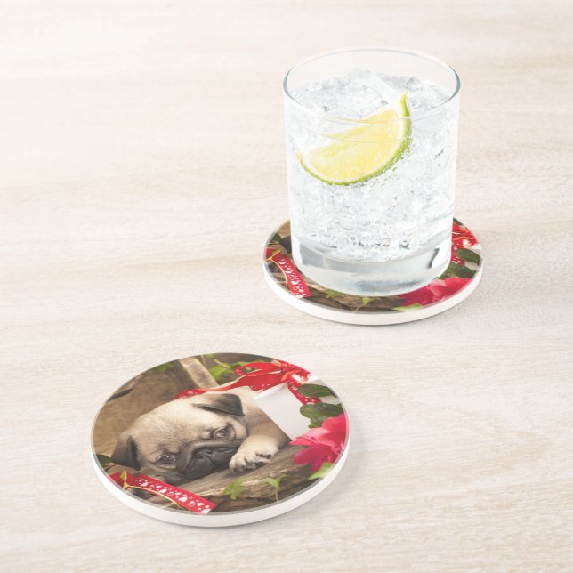 Mops-Welpe und Geschenkboxen Sandstein Untersetzer (Seite)