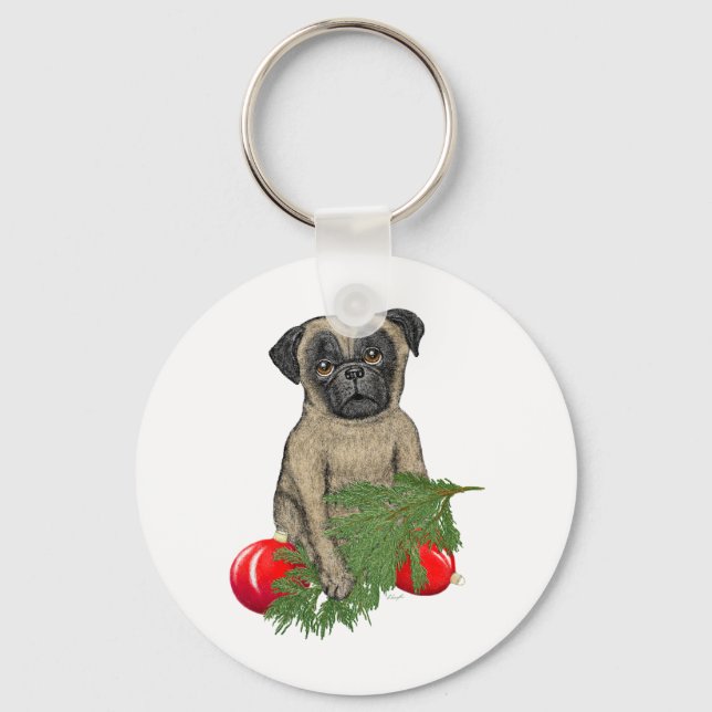 Mops Welpen Adorable Christmas Dog Art Schlüsselanhänger (Vorderseite)