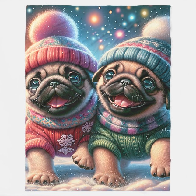 "Mops Welpen's First Snowfall - Whimsical Winter" Fleecedecke (Vorderseite)