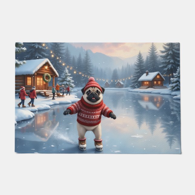 Mops-Winter-Eislauf-Kunst Fußmatte (Vorderseite)