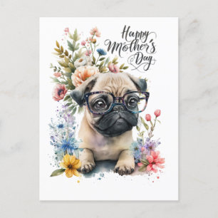 Mops zum Muttertag mit Blume für Hundefreunde Feiertagspostkarte
