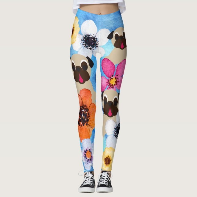 Möpse im Blumen-Garten Leggings (Vorderseite)