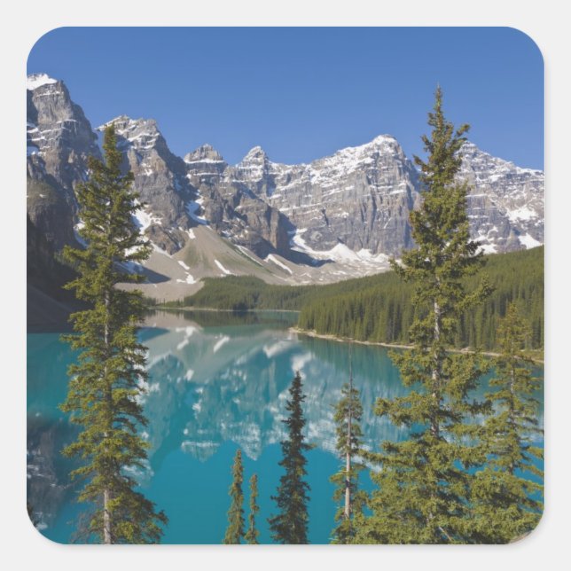 Moraine Lake, Canadian Rockies, Alberta, Kanada 2 Quadratischer Aufkleber (Vorderseite)