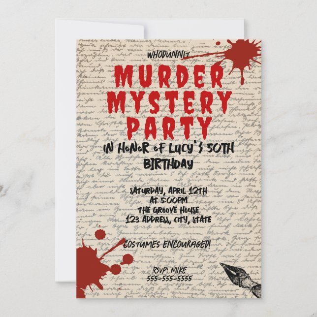 Mord an Whodunit mystery blutigen Party 40. 50. 60 Einladung (Vorderseite)