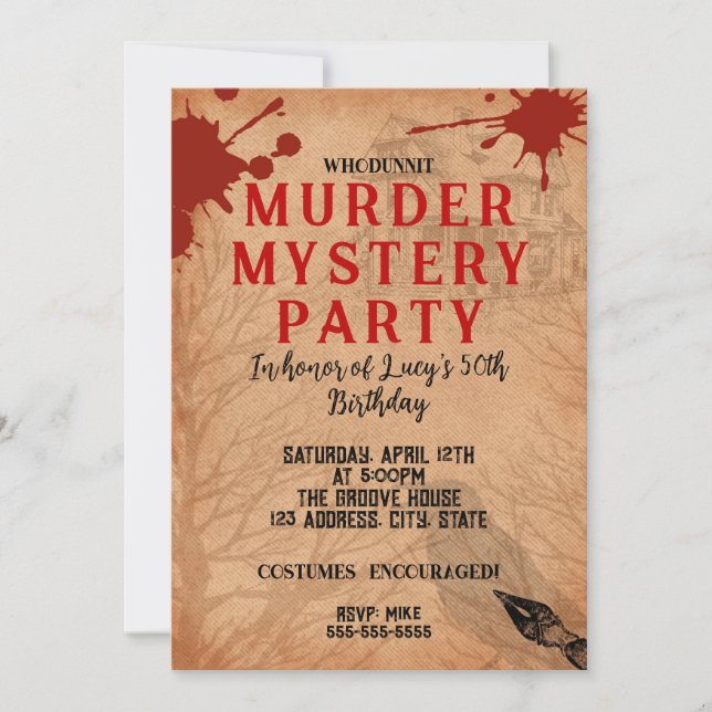 Mord an Whodunit mystery blutigen Party 40. 50. 60 Einladung (Vorderseite)