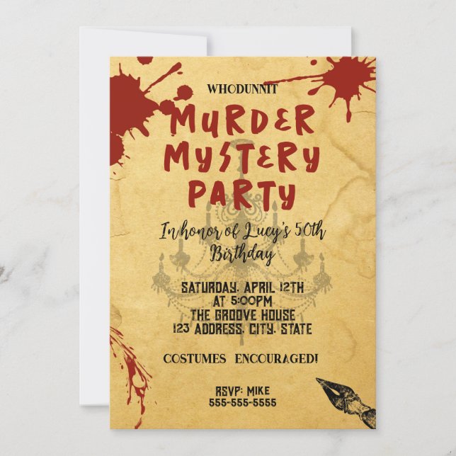 Mord an Whodunit mystery blutigen Party 40. 50. 60 Einladung (Vorderseite)