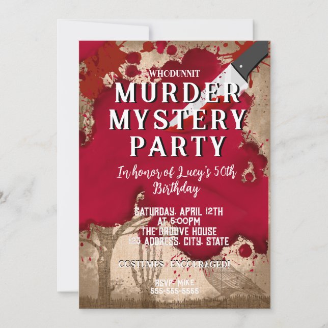 Mord an Whodunit mystery blutigen Party 40. 50. 60 Einladung (Vorderseite)