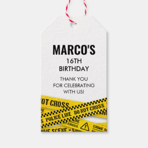 Mord-Mystery-Party mit gelben Tatortbändern Geschenkanhänger