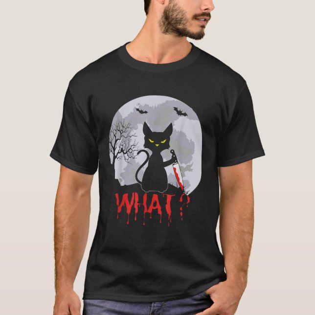 Mörderische Katze mit Messer Katze Welches Hallowe T-Shirt (Vorderseite)