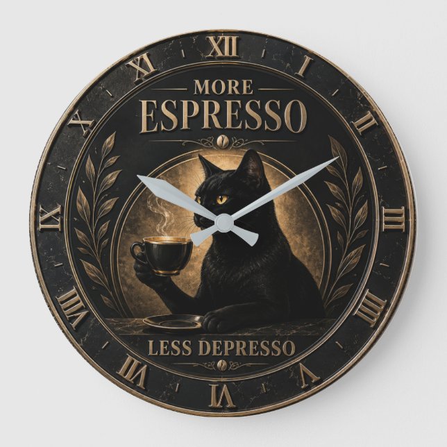 More Espresso Less Depresso Black Cat  Große Wanduhr (Vorderseite)