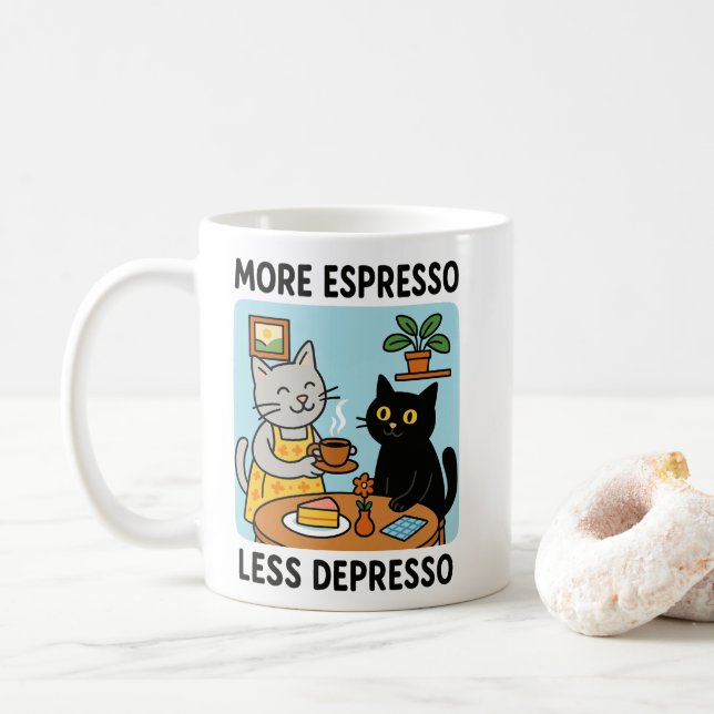 More Espresso Less Depresso Black Cat  Kaffeetasse (Mit Donut)