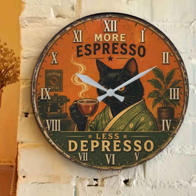 More Espresso Less Depresso Cat Große Wanduhr (Von Creator hochgeladen)