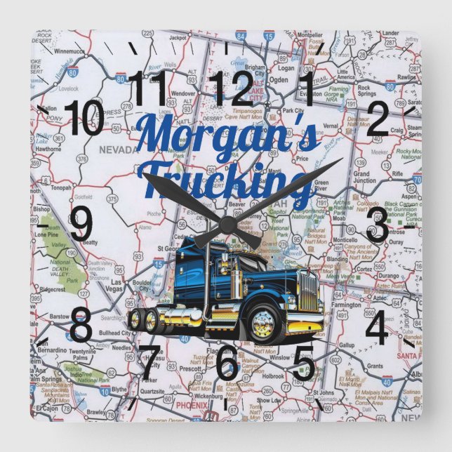 Morgans Trucking Road Map Quadratische Wanduhr (Vorderseite)