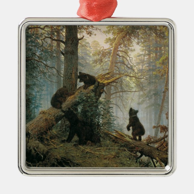 Morgen in einem Kiefernwald (Bären im Wald) Ornament Aus Metall (Vorne)