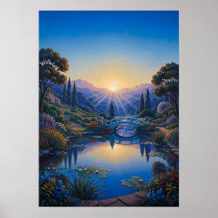 Morgendämmerung über der Gartenbrücke Poster