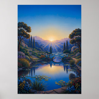 Morgendämmerung über der Gartenbrücke Poster