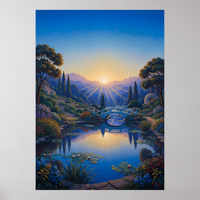 Morgendämmerung über der Gartenbrücke Poster (Vorne)