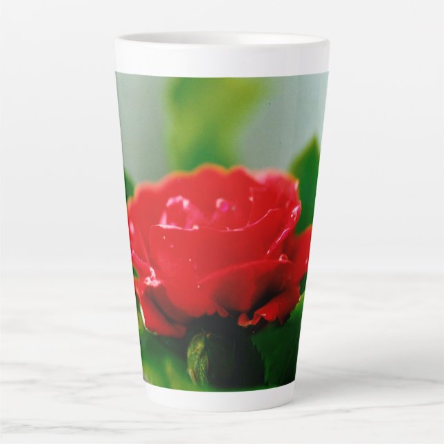 Morgengrauen rote Rose mit Taubstropfen Milchtasse (Vorderseite)
