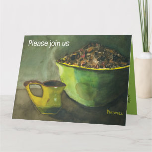 Morgenkaffee mit Schüssel Kaffeebohnen (Wasserfarb Karte