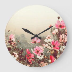 Morgenlicht, blühender rosa Kosmos. Große Wanduhr