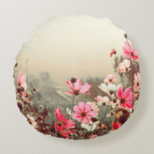 Morgenlicht, blühender rosa Kosmos. Rundes Kissen
