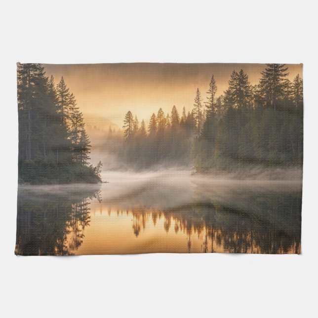 Morgennebel am Fluss in den Pinien Geschirrtuch (Horizontal)
